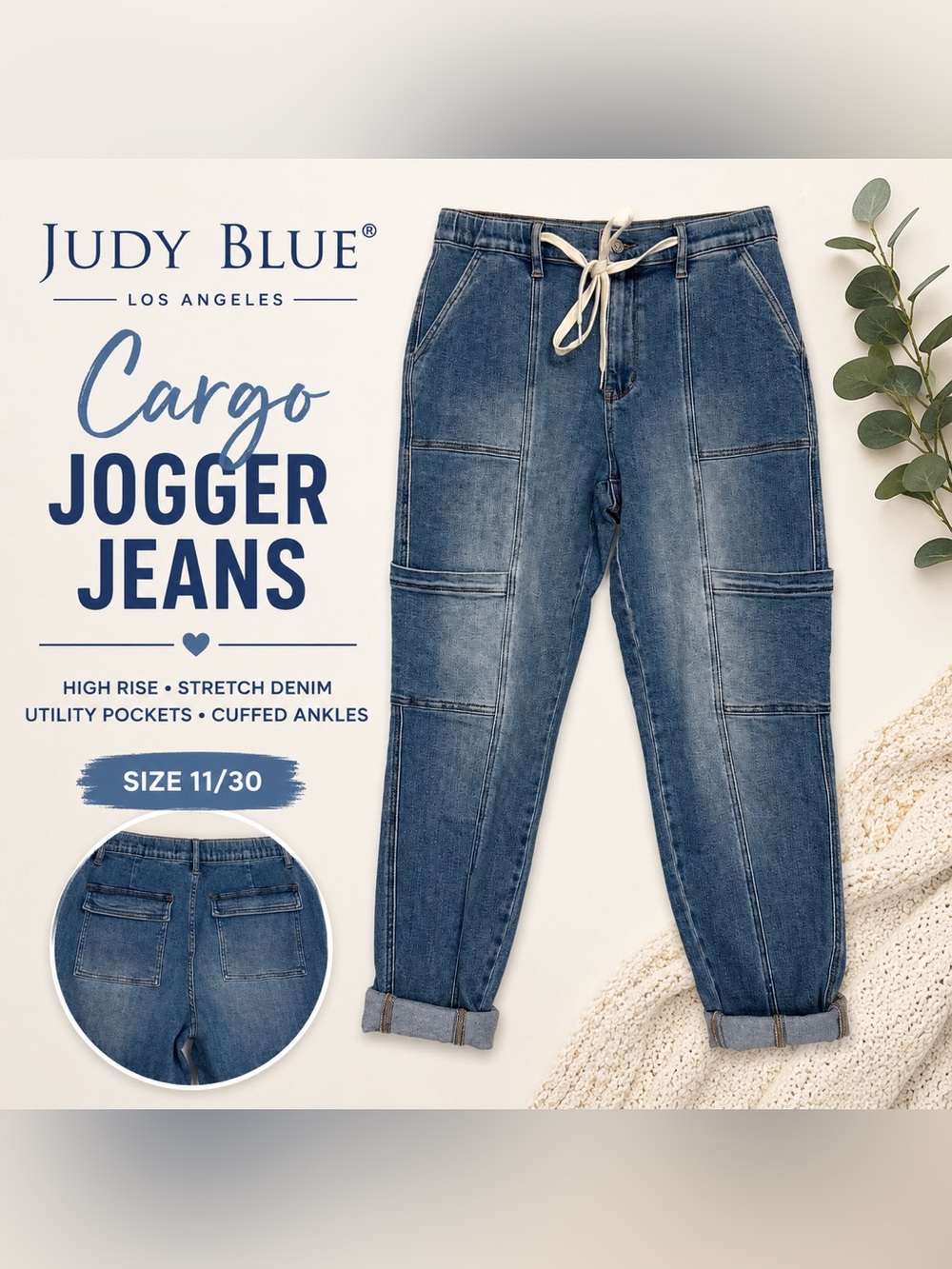 Judy Blue Cargo Jogger Jeans Women’s 11/30 Blue High Rise Stretch Denim